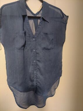 Lush Navy Blue Short Sleeve Sheer Button-Up Top
